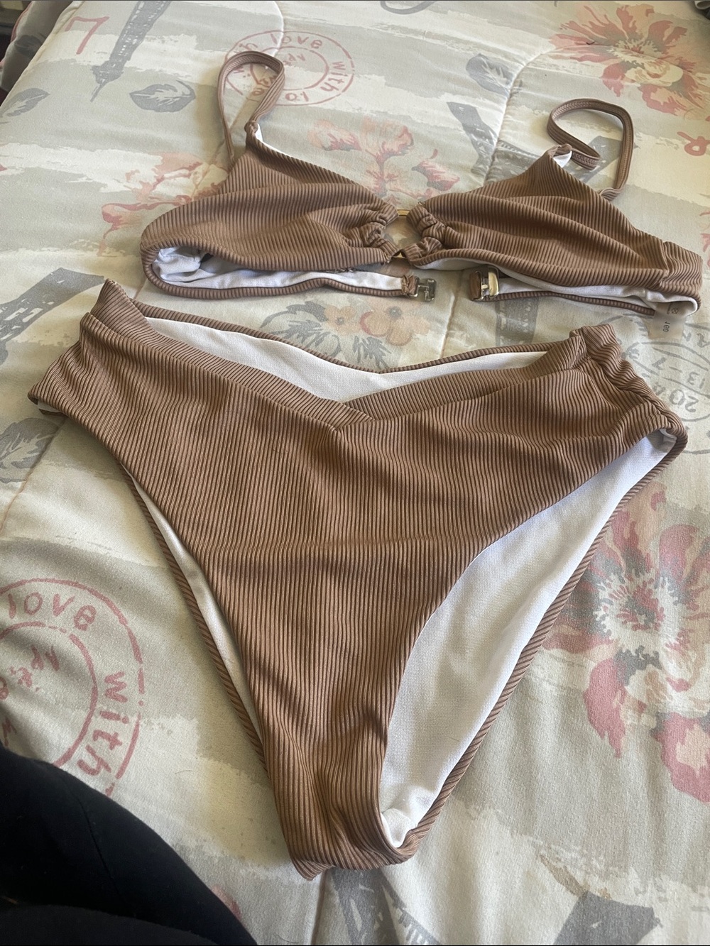 SHEIN Ribbed Brown Two-Piece Bikini Set